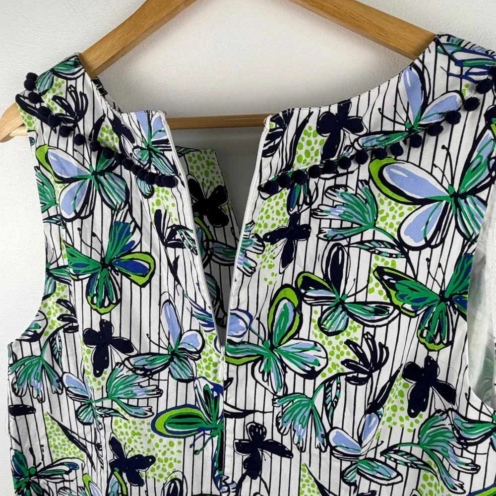 Talbots Womens Butterfly Floral Pinstripe‎ Cotton Shift Dress Pom Pom Trim Sz 16